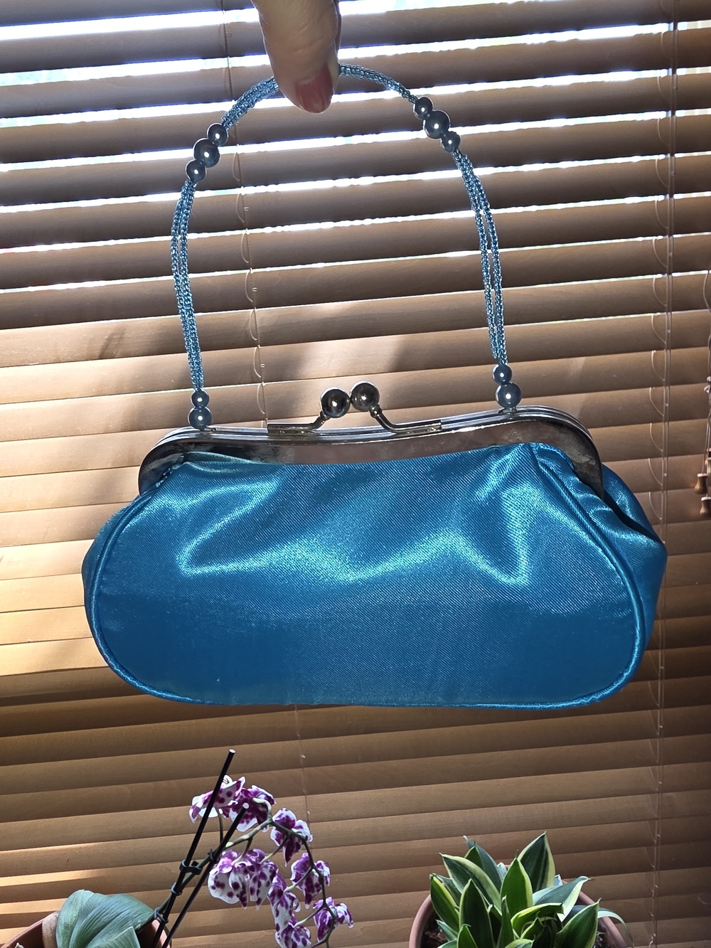 Blue Satin Kiss-Lock Evening Bag with Beaded Strap